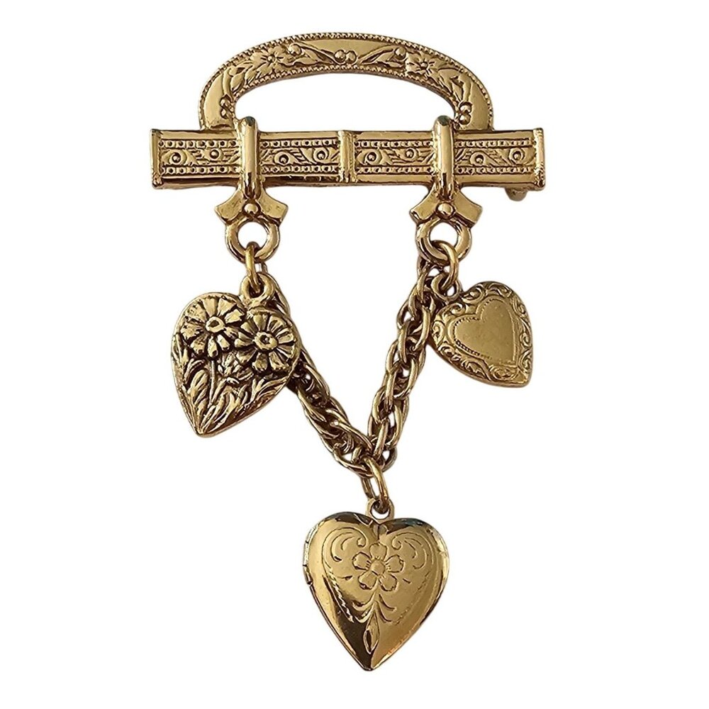 1928 Brand Bar Pin Heart Chain Dangle Brooch Locket Pin J522 - Picture 8 of 8